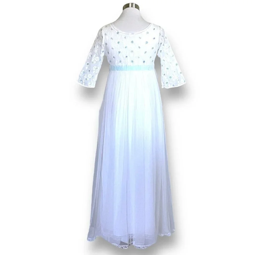 Vintage 1960s Miss Elaine Peignoir Set Sz P Petite White Blue Nylon Robe Gown
